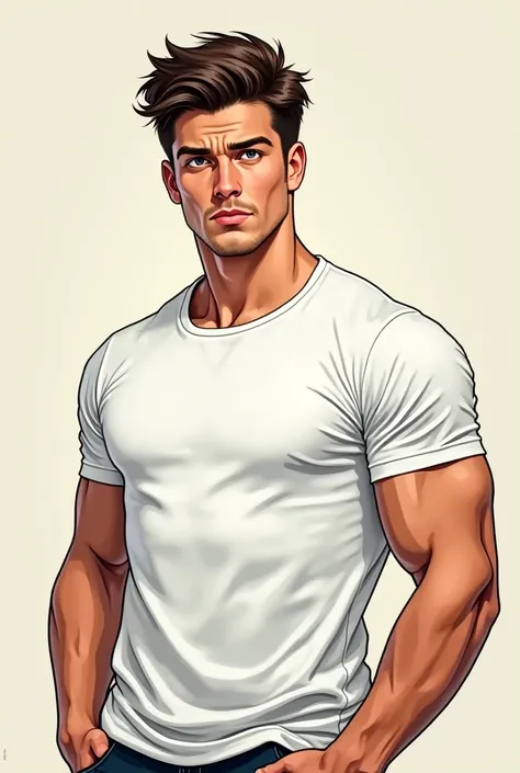 He created a figure of a man about 35 years old, with a sharp, recently sprouting, muscular, muscular, white T-shirt, slightly brown hair, cold looking. 

(Take on a novel cover, don't be too realistic) A bit of a manga stripe