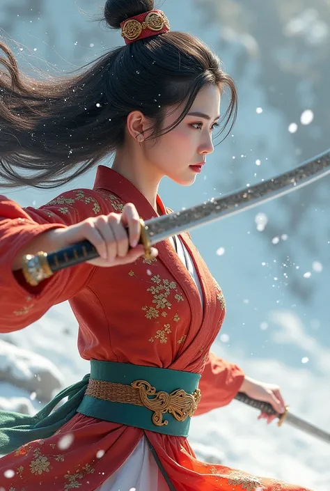 A beautiful oriental girl with wavy, long hair and traditional oriental colorful clothing fights in the snow with her dagger
