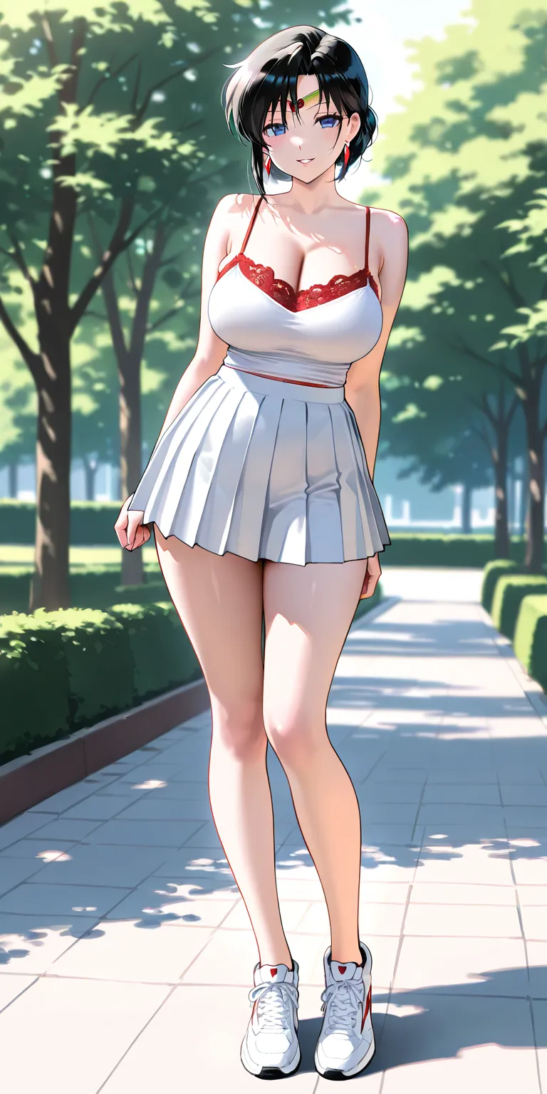 Masterpiece, newest, vibrant, very aesthetic, high contrast, mature woman, rei hino\(sailor mars\), short hair, tall, big breast, white camisole, red lace, white pleated mini skirt, white sneakers, full body, parted lips, smile, park, best quality, semreal...