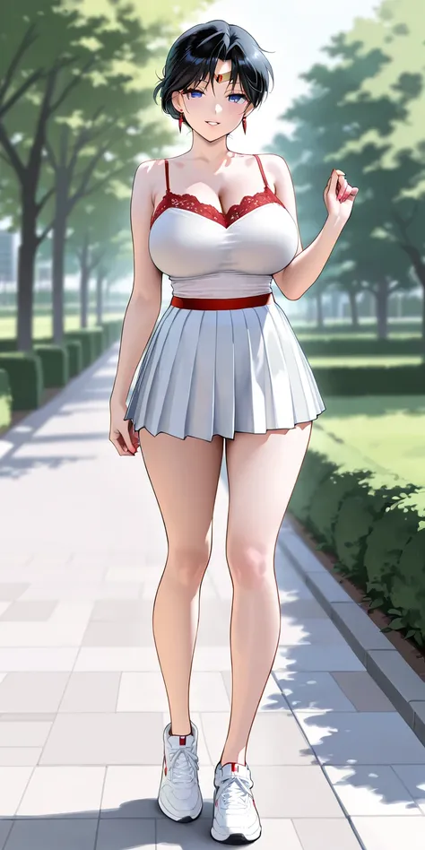 Masterpiece, newest, vibrant, very aesthetic, high contrast, mature woman, rei hino\(sailor mars\), short hair, tall, big breast, white camisole, red lace, white pleated mini skirt, white sneakers, full body, parted lips, smile, park, best quality, semreal...