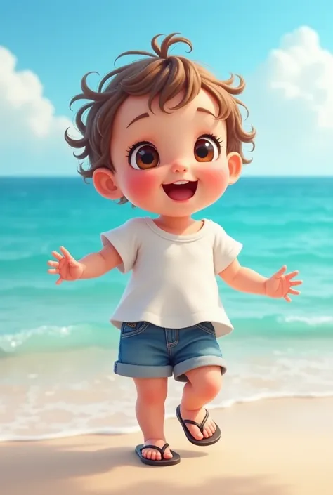 A little white baby with brown eyes and brown hair smiling and has a sea in the back he will be wearing a white blouse and denim shorts and a flip flop he's only  and he's still a baby and he's super realistic 