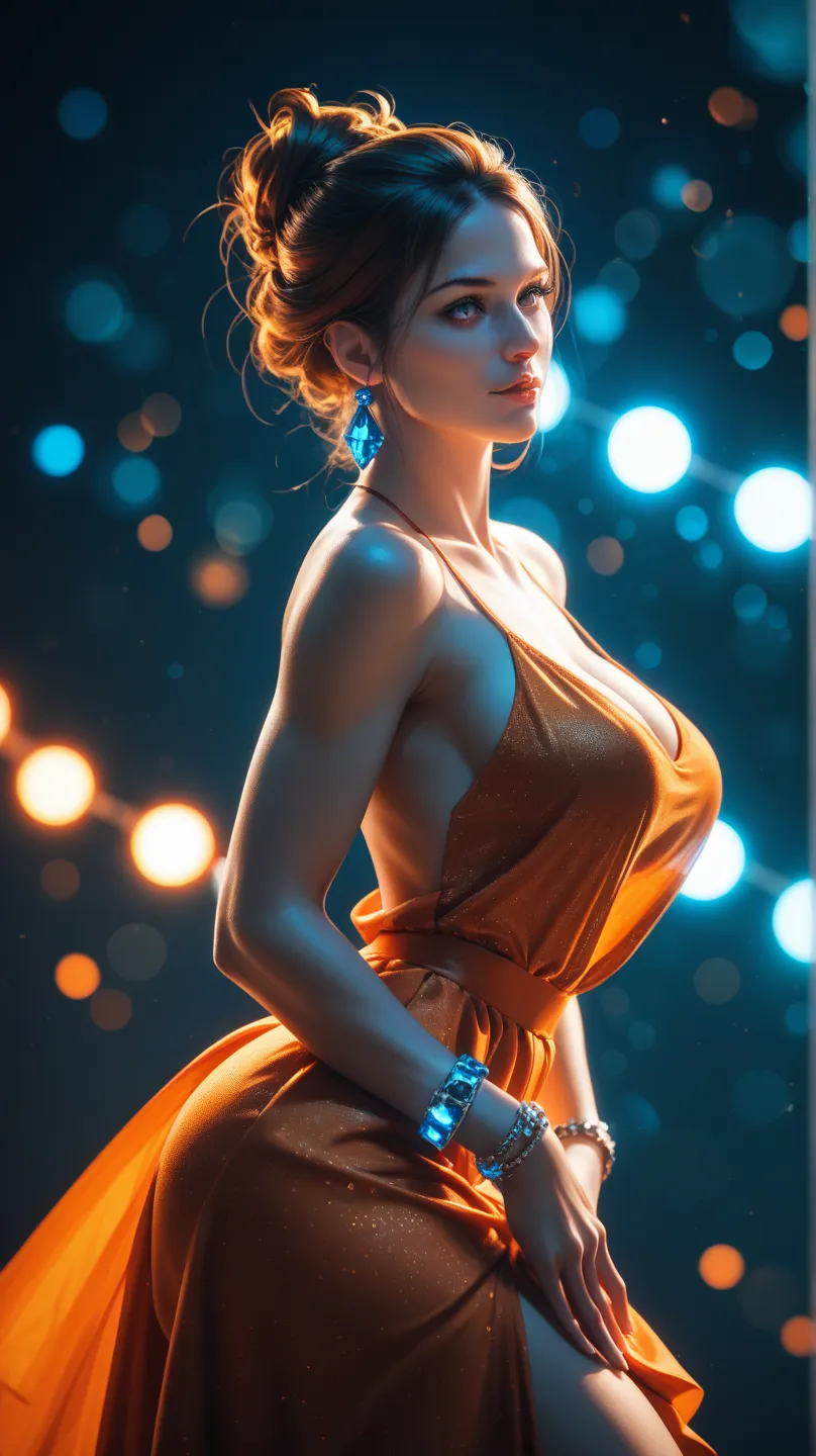  ((amazing quality, Scroe-9, score_8_up, score_7_up, extreme quality, dark background, studio lighting, orange back light, gel lights, professional photography, bokeh)) highly detailed body and face,  stunningly beautiful caucasian woman,  perfect curvaceo...