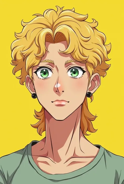 Generate a male avatar on a flashy yellow background, He must have green eyes with a "smart look",  earring on the left ear , fair skin, curly blond hair on a short cut on the sides like a Mullet or American. The image must be done in an anime line style w...