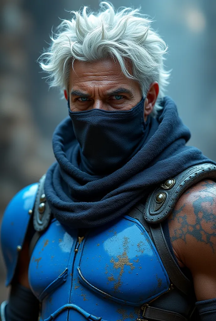 A male character with messy white hair and a black mask and a brown skin color and with blue eyes and a chest in bright blue armor 

