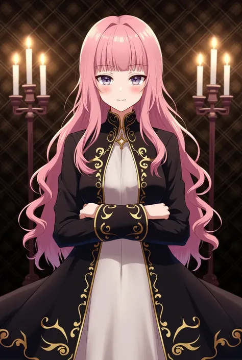 The image is an illustration of an anime style character with long, wavy pink hair and. The character has a pale complexion and a confident expression, with his eyes partially closed. She is wearing an ornate dark coat with intricate gold patterns on the c...