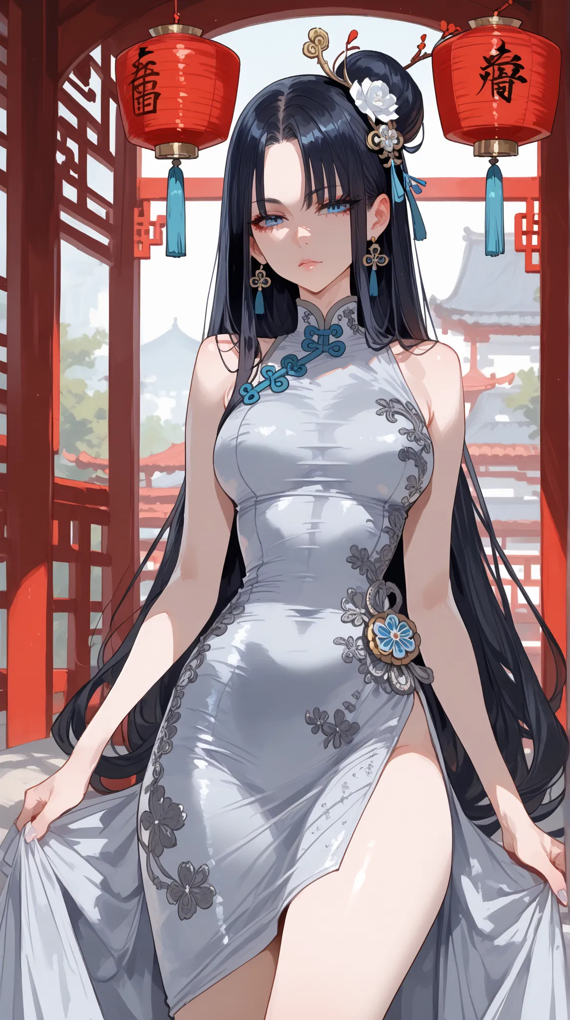 Woman, Chinese emperor, long black hair, anime style, blue eyes, Silver dress