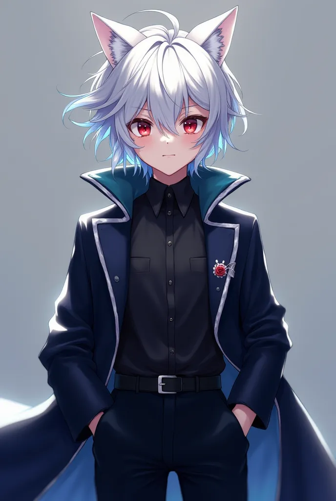 anime: Platinum-haired young boy with light blue highlights cat ears,Red eyes wearing a black shirt with a dark prince-style overcoat and black pants, beautiful quality, Perfect composition of the painting 