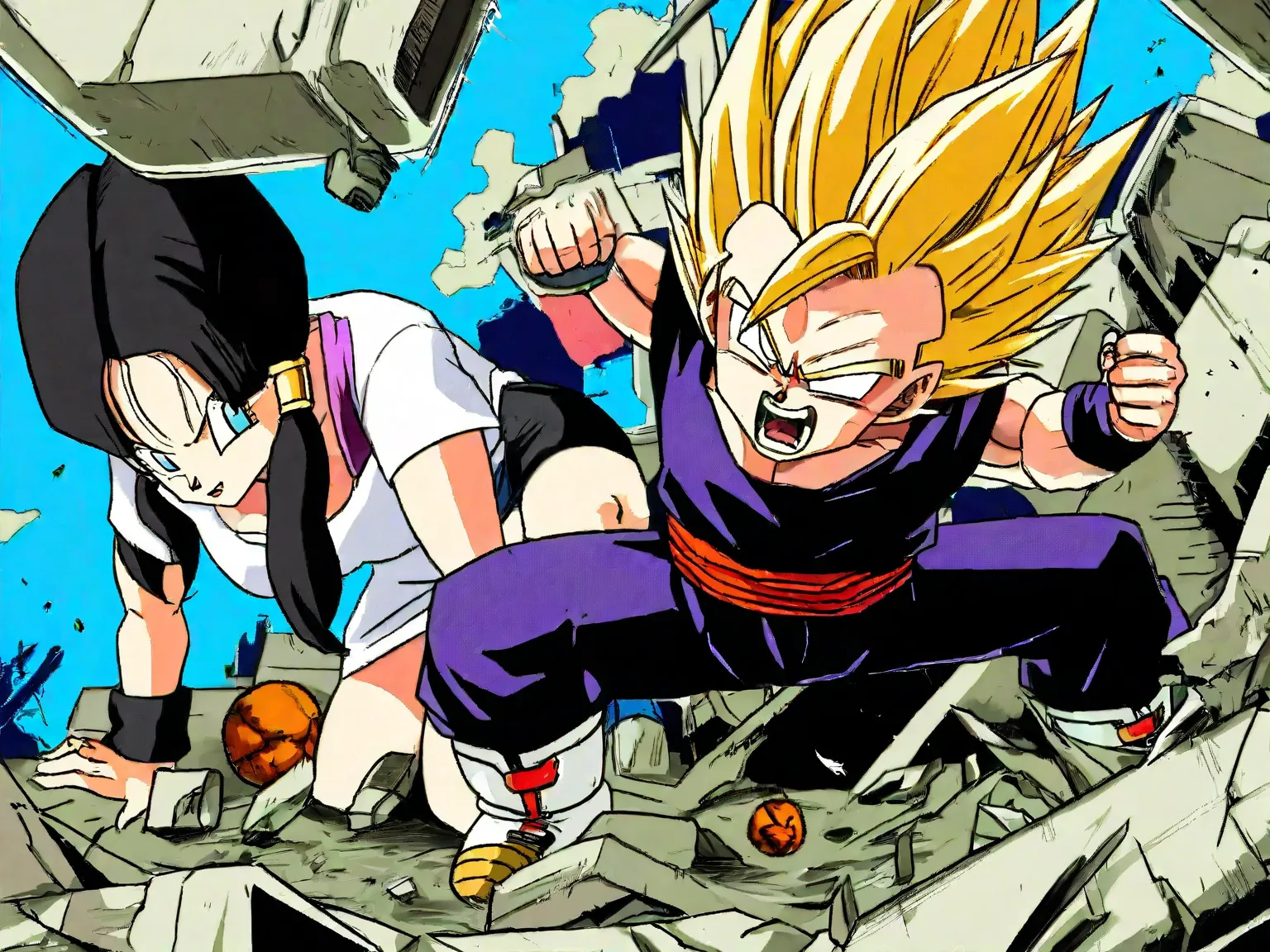 Dragonball, videl, super sayayin, fighting against young son-gohan, full power, in ruins