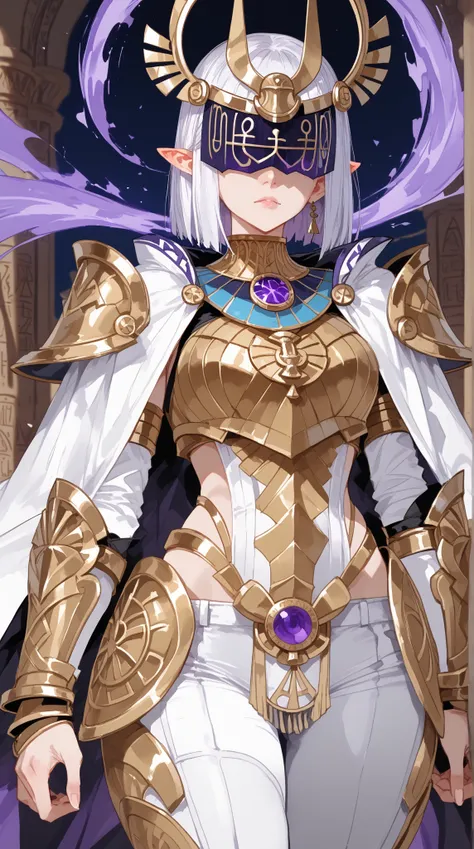 purple skinned,Woman, white hair cut on the sides, golden lines on the face,white and golden armor, pointy ear,  anime style,rpg style ,emitting a purple aura,Egyptian style,white cape, white clothes with gold details, white pants ,helmet covering the eyes...