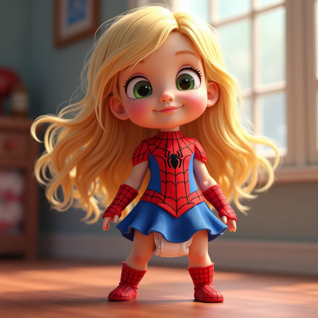 A Pixar Disney little blond girl of four dress as Spiderman  with a baby diaper 