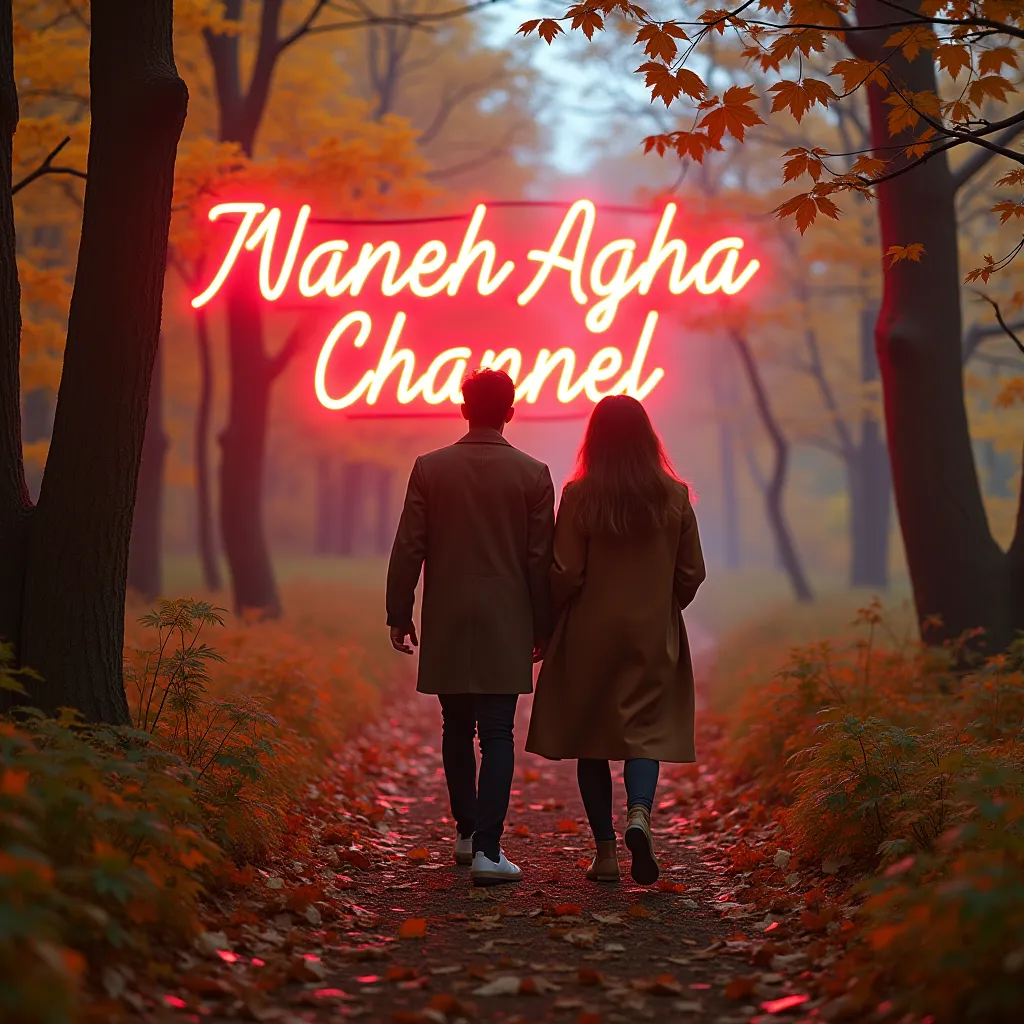 fashion editoral photo image gray smoke and that depicts my realism  A couple walking side by side in a beautiful autumn forest with NANEH AGHA channel written in red neon