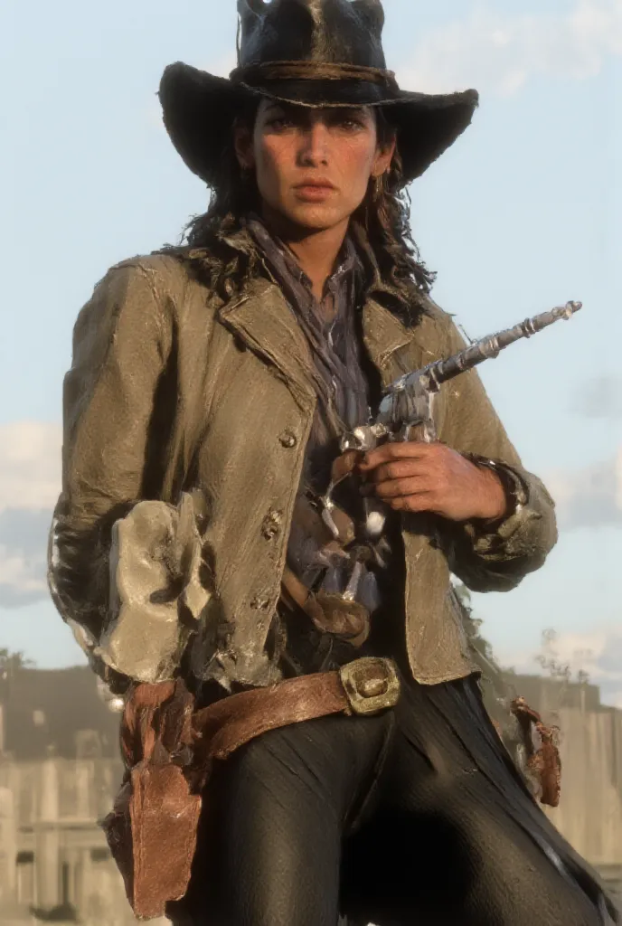 A tall, lean young spanish woman with freckled, tanned skin stands with a confident yet relaxed demeanor, her shoulders-length, curly hair, low ponytail, with loose strands framing his face. His cowboy hat sits firmly atop her head, beautiful  spanish woma...