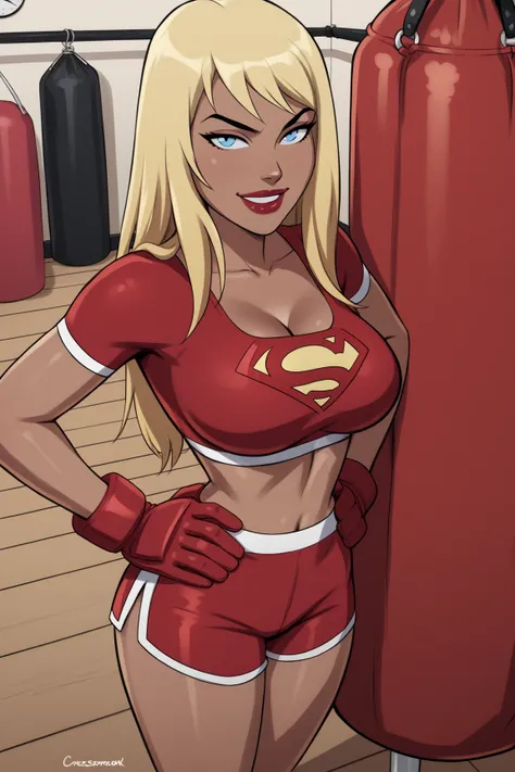 PonyXLV6_Scores BREAK ((parody), perfect anatomy, perfect eyes, cowboy shot) BREAK kara zor-el, straight hair, blonde hair, blue eyes, dark-skinned female, lipstick, red lips, ((looking at viewer)), superhero, crimson crisscross sports bra, crimson spandex...