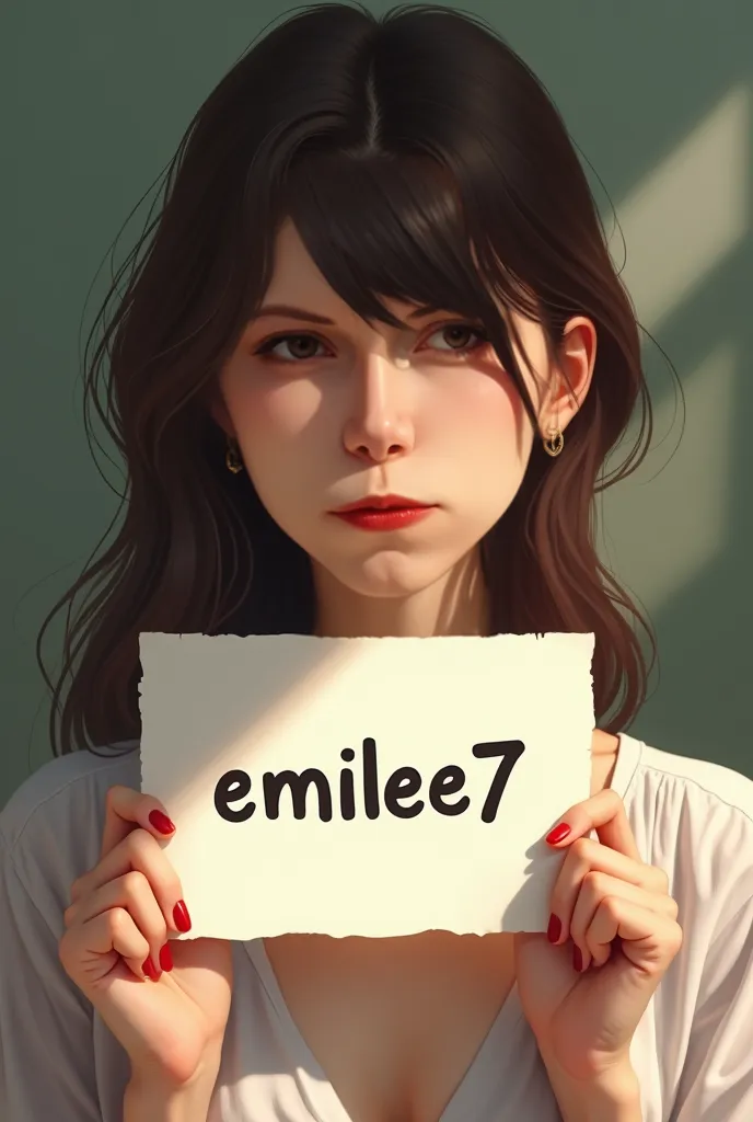 I want her holding a piece of paper that has 'emileee7' written on it and make it look extremely realistic I want it to look like a real girl