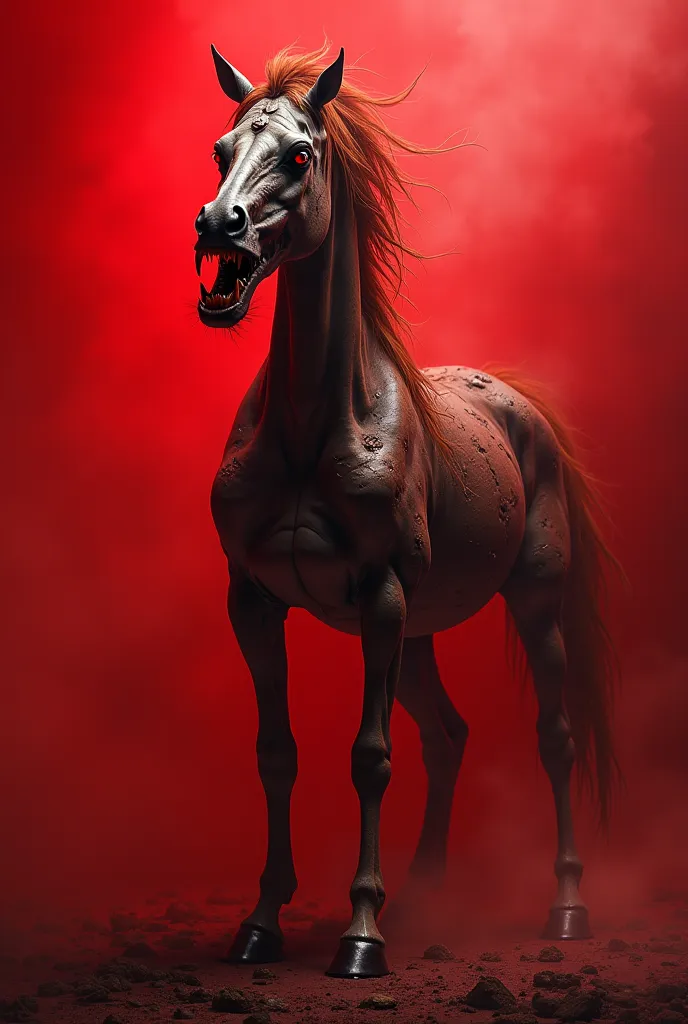 agressive ghoul horse with red background