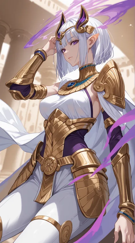 purple skinned,Woman, white hair cut on the sides, golden lines on the face,white and golden armor, pointy ear,  anime style,rpg style ,emitting a purple aura,Egyptian style,white cape, white clothes with gold details, white pants ,helmet covering the eyes...