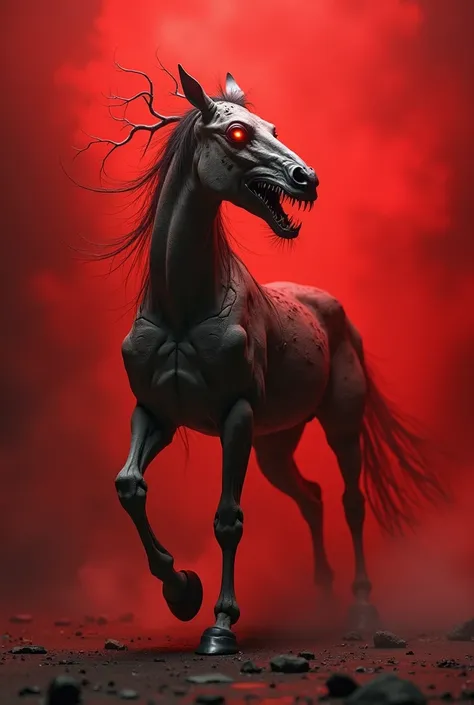 agressive ghoul horse with red background