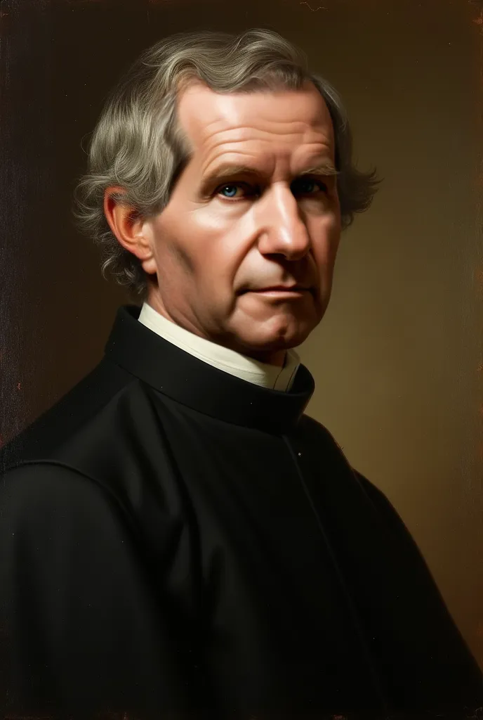 Realistic portrait of an elderly 19th-century priest, in semi-profile, with a broad face and square jaw. He has a straight, prominent nose, small, attentive eyes, a soft brow, and a thin, slightly smiling mouth. His hair is short, wavy, and gray, and he we...