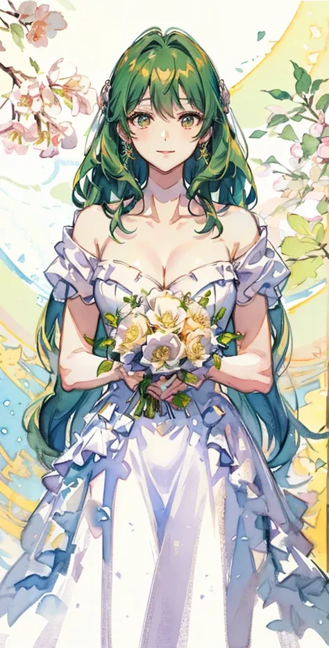 a close up of a woman in a wedding dress holding a bouquet, lady palutena, anime key visual of elegant, korean art nouveau anime, palutena, anime art nouveau, official anime artwork, ethereal anime, anime goddess, beautiful anime style, official art, beaut...