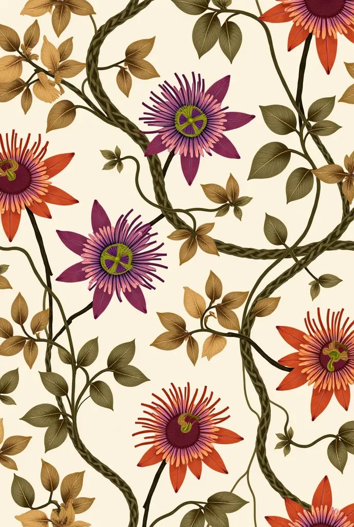 Generate a textile repeat of passionflower vines and branches in earthy tones