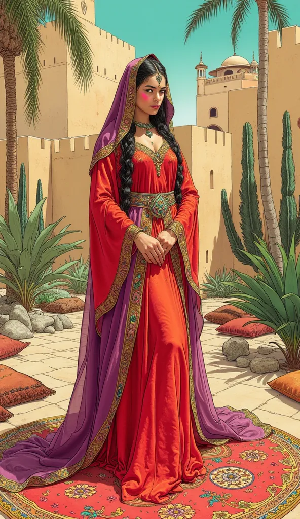 the detailed proportions and textures brushed multicolored and softened with airbrush, a semi-realistic Chinese ink illustration of a beautiful and exotic young traditional Moroccan-Arab princess (highly detailed full body and shy pose, perfect face, innoc...