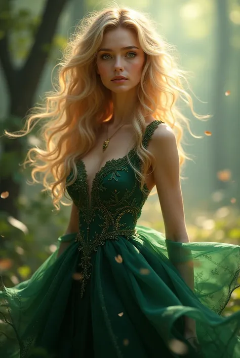 Princess with blond curly green eyes and a dark green dress with golden highlight 