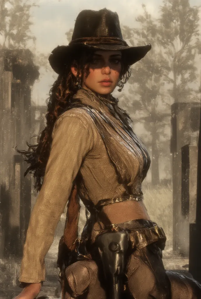 A tall, lean young spanish woman with freckled, tanned skin stands with a confident yet relaxed demeanor, her shoulders-length, curly hair, low ponytail, with loose strands framing his face. His cowboy hat sits firmly atop her head, beautiful  spanish woma...