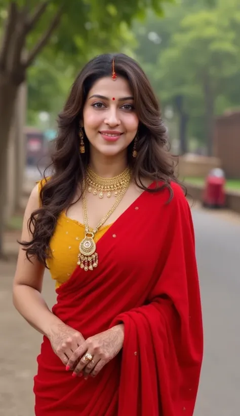 A beautiful indian woman, long black hair, her wearing a red sleeveless saree with yellow blouse, looking at camera, posing seductively, smiling, 4k, potrait, setting is indian street, showing cleavage, showing navel