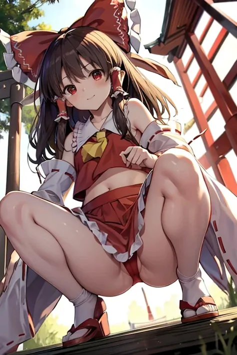 squatting,open legs, bottomless, nsfw, , (((Reimu Hakurei))),  ((Priest shrine)), (Maple shrine), Shining Edges, WATCH SHINING BACKGROUND, (((from below))), smil