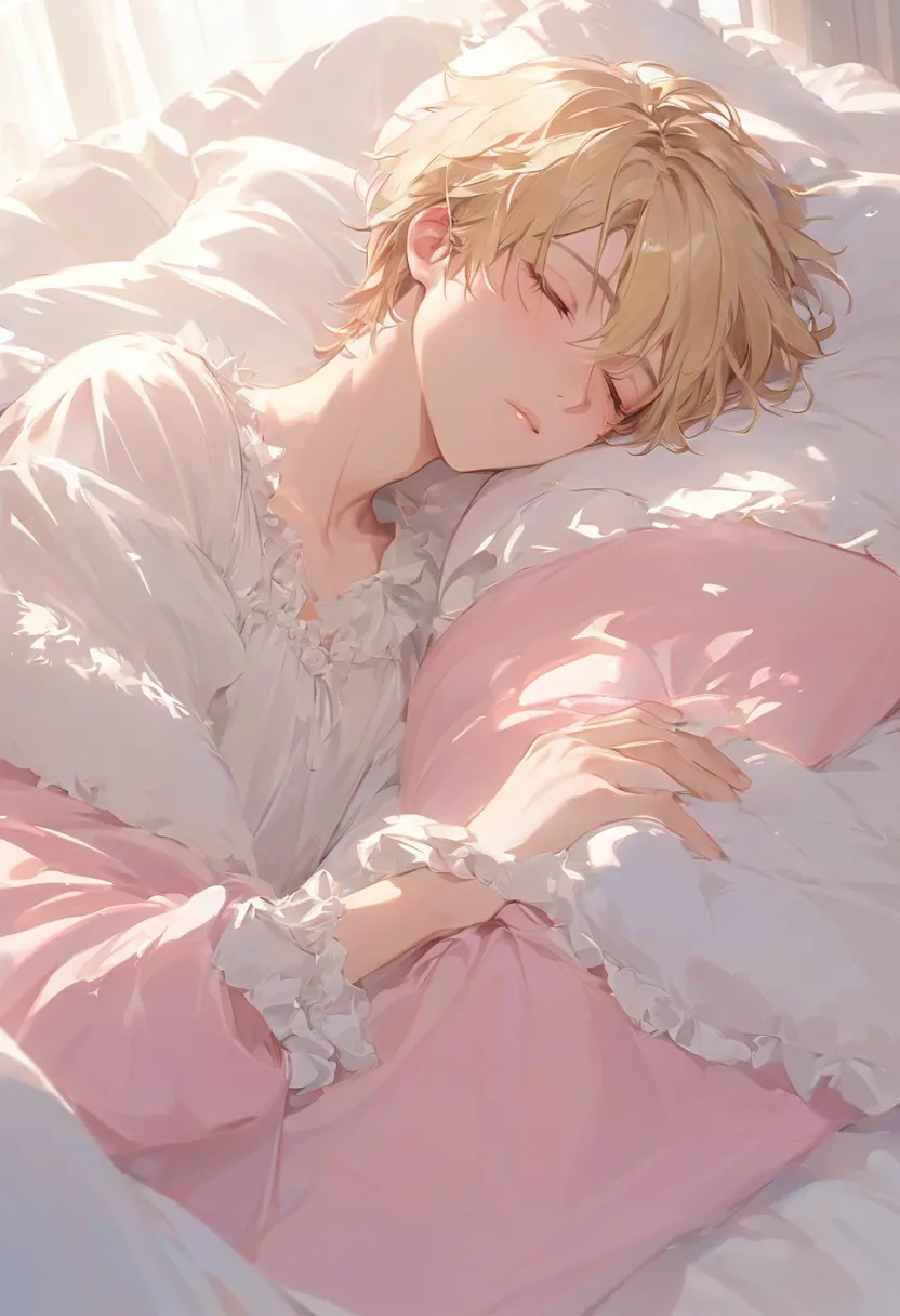 Cute man sleeping peacefully in fluffy bed, bedcover with frills and pink panamas with ribbons. He has messy blonde hair, his eyes closed with a slight blush. 