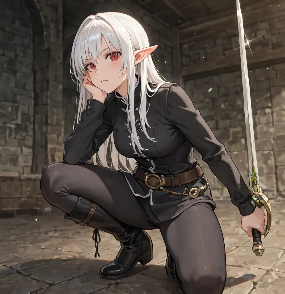 Adult-looking woman, glamorous-looking,  Strong and determined . red eyes, She wears a dark and black outfit, with a belt and boots that give her an air of a warrior. Her long white hair and her eyes are intense and challenging. In her right hand she holds...