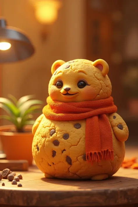 An orange cookie, color orange , Chocolate chips on, The cookie on a wooden table, small table lamp next to it and a potted plant; fat orange cookie, scarf, brilliance,  Drop Shadow, OctaneRender 8K, 3D rendering,  Dutch angle , cookie gordo, chubby; 