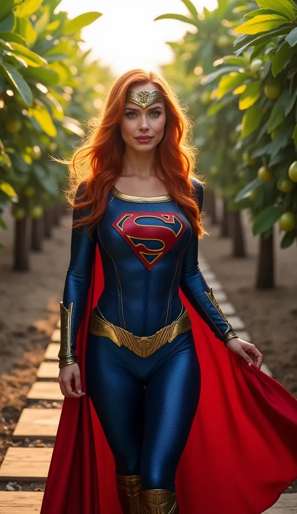 Create a hyper-realistic image of a woman with long, wavy red hair, dressed in a tight-fitting blue superhero costume with red and gold. She wears a red cape flowing in the wind, an elegant golden belt and a metallic tiara on the forehead with a detailed d...