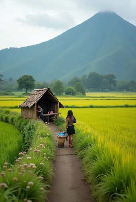  photorealistic there is a stall from a bamboo house on the edge of a winding street in a wide expanse of rice fields against the background of a mountain.  pictures taken from the bottom of the flat . People in action . Obstructed image of a dragonfly sit...