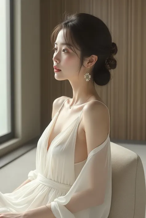 masterpiece, 8k,  photorealistic, beautiful Japanese mature woman, white silk slip dress, full body, meeting room