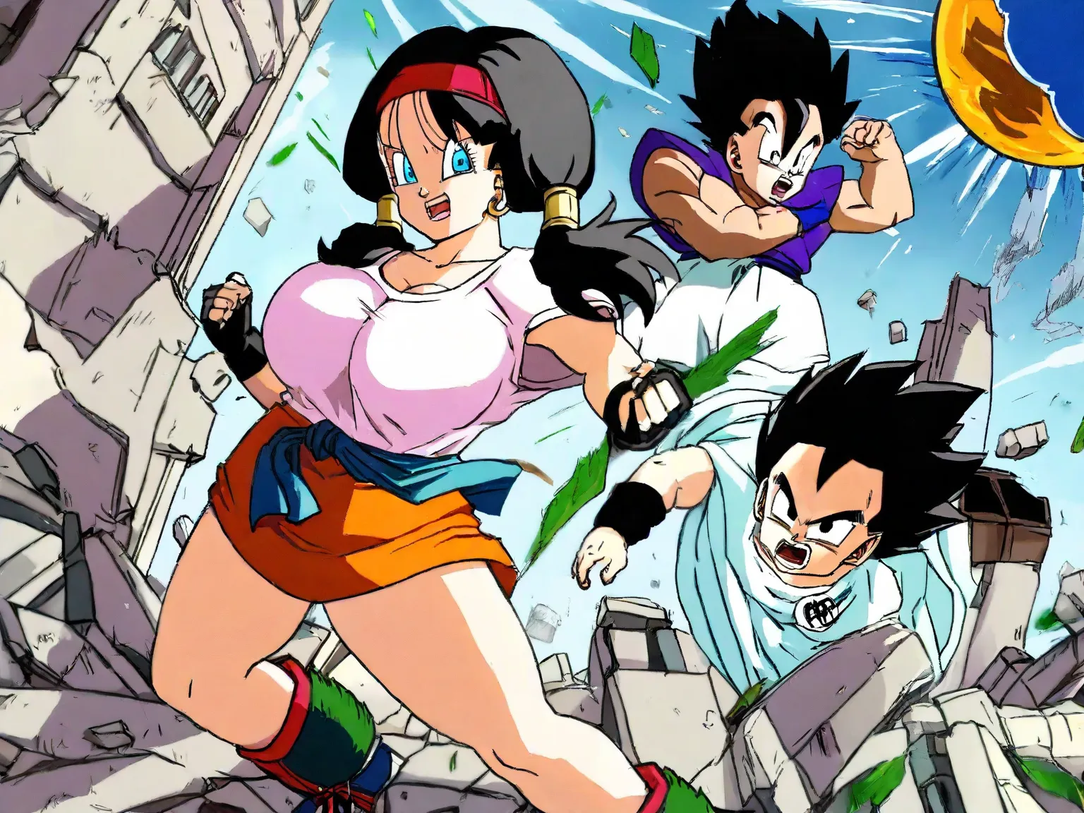 Dragonball, videl, super sayayin, fighting against young son-gohan, full power, in ruins, bursting earth