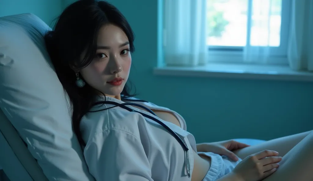 Thai women,((30 years old)), big breast, Beautiful face, unbutton white Doctor Uniform, stethoscope, soft smile, Sweet Face, lay back on the hospital bed, sexy, open window, dark, front shot