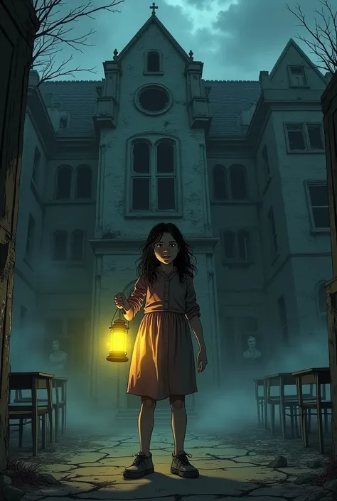 "Manga panel of an abandoned boarding school enveloped in dense fog. The ancient building has broken windows, deep cracks on its façade, and signs of decay. In the foreground, a  girl named Laura stands at the entrance holding a flickering yellow lantern t...