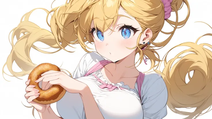 one girl，Big Breasts, golden hair，ponytail， pink scrunchie，white shirt， background pure white, blue eyes、donut