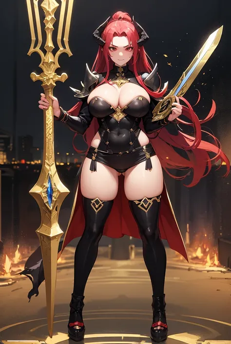 A woman who looks elegant, elegant and wears black and red armor with gold details and an impressive design., reflecting a demonic and high-ranking style in battle.

Her hair is short and red with raised locks.

} On his forehead you can see a purple demon...