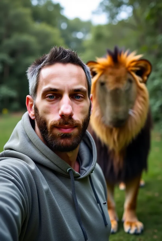 il y a un homme avec une barbe et un sweat à capuche qui prend un selfie, une image inspirée de Ludovit Fulla, photographie selfie 8k, 3 , homme de 30 ans, selfie d'un homme, Homme de 3 à 2 ans, Homme de 40 ans, avec une petite barbe, avec un lion a coté d...