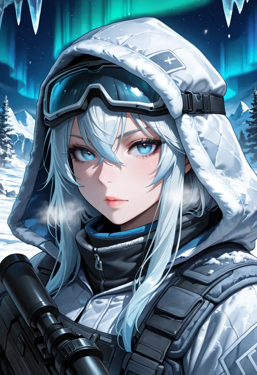 masterpiece,best quality,amazing quality,absurdres, BREAK 
oc (snezhnaya assassin), 1girl, icy-blue eyes, snow camo cloak, sniper rifle (cryo), frozen breath, glacial cave, aurora borealis, bloodstained snow, thermal goggles, stealth gear, icicle daggers, ...