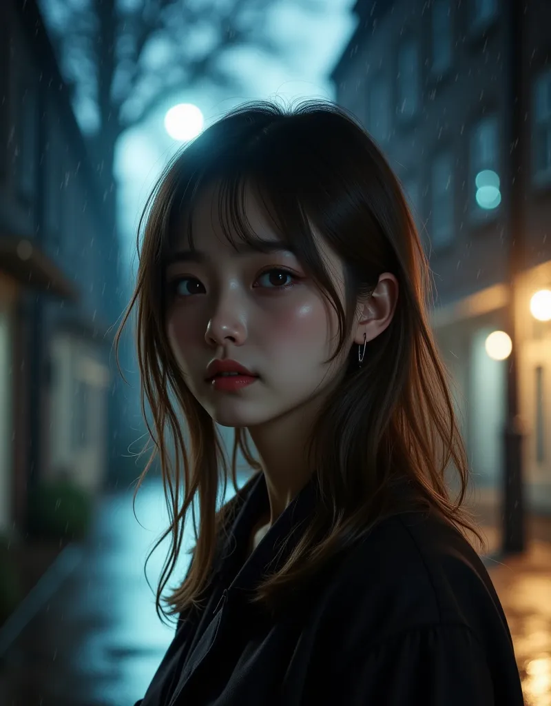 Lonely Girl Under a Streetlamp、 Expression of Sadness、Pensive Gaze、 from below、 full body photo、dramatic lighting、 cinematic structure 、 rainy street 、Glowing Streetlights 、Puddle Reflecting Light、realistic pictures、high quality、realistic、HDR、UHD、Studio Li...