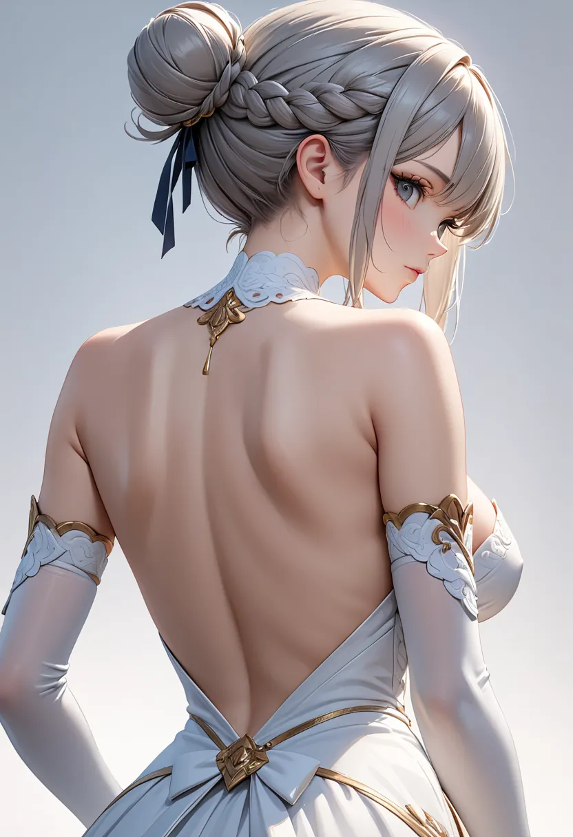 ((Masterpiece)), ((Best Quality)), (Very Detailed), ((Very Detailed)), 4K, (8K), very aesthetic, absurdres highres, 1 girl, perfect anatomy, dress, solo, gray hair, gray eyes, white dress, looking back, looking at viewer, breasts, from behind, braid, back,...