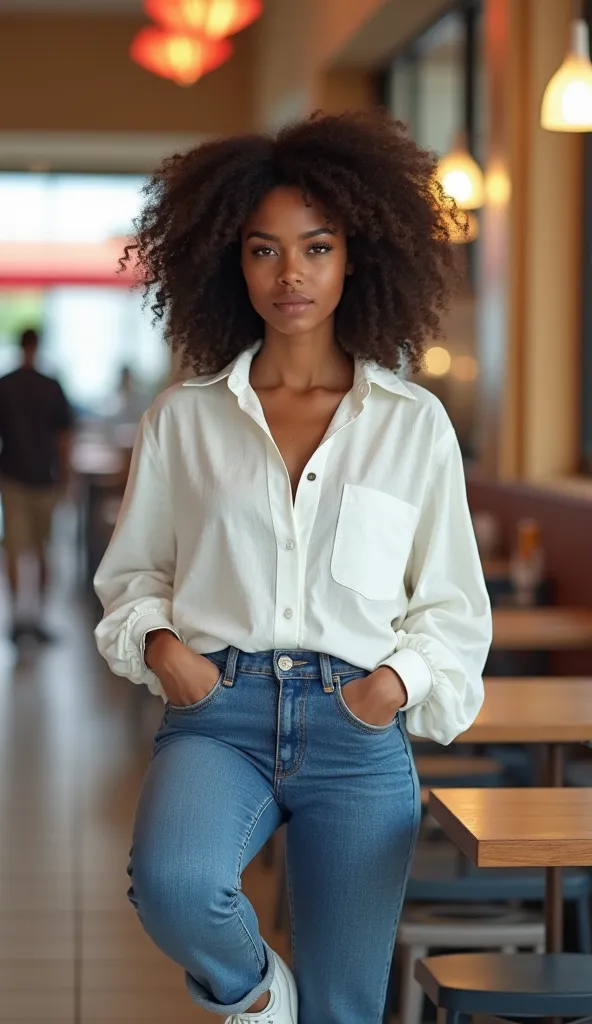 create an ultra realistic model of a 28 year old female with dark skin, curly hair, wearing a white linen blouse, long sleeves, no pocket, blouse size p, with traditional blue jeans and white sneakers, sitting in the food court of a shopping mall.