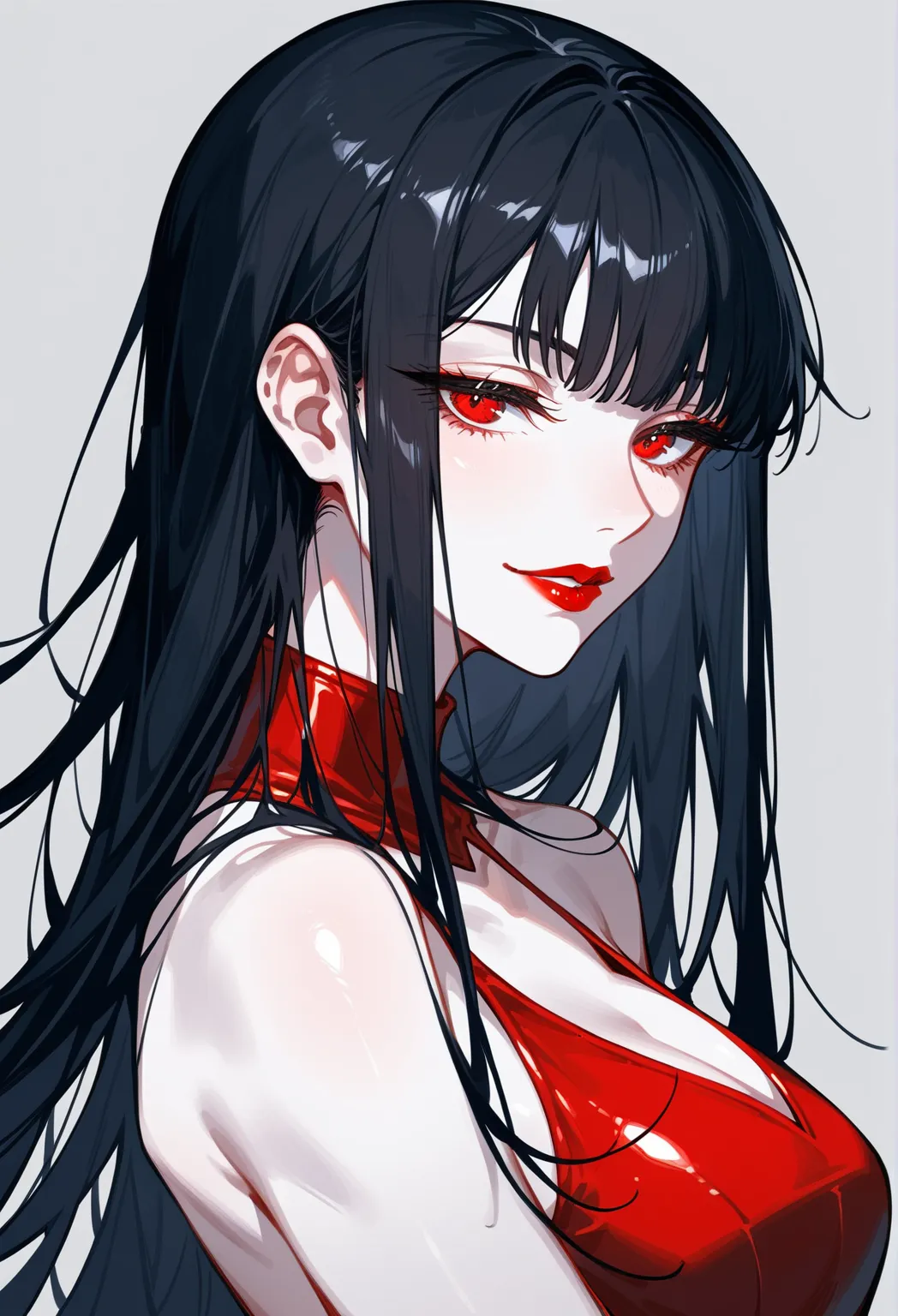 Artwork, back view, adult female, single woman, lonely, dark black hair, long straight hair, long hair, short sharp bangs, red eyes, half-closed eyes, devilish smile, red lipstick, full lips, expressionless, white skin, medium chest, red high-necked sleeve...