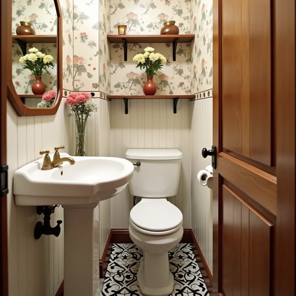 Small bathroom with a vintage style. the walls are covered in white tiles with a floral pattern, and the floor is covered in black and white tiles. on the left side of the image, there is a white pedestal sink with a gold faucet and a mirror above it. next...