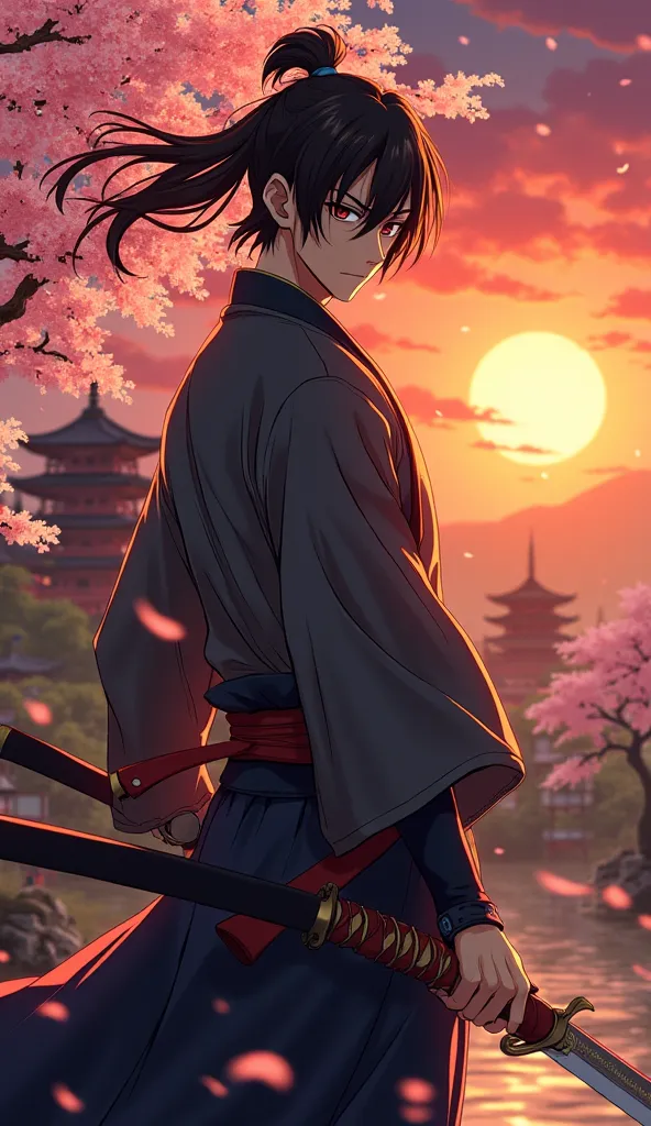 Illustration of Kenshin Himura in his version from the remake of Samurai X, holding his sakabatou (reversed blade sword) with a determined look. The background should show a sunset in feudal Japan, with temples and cherry trees in the wind. The art style s...