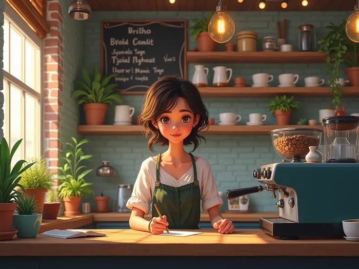 A female barista in the style of a lofi girl, with a background of a coffee shop with some plants in the place