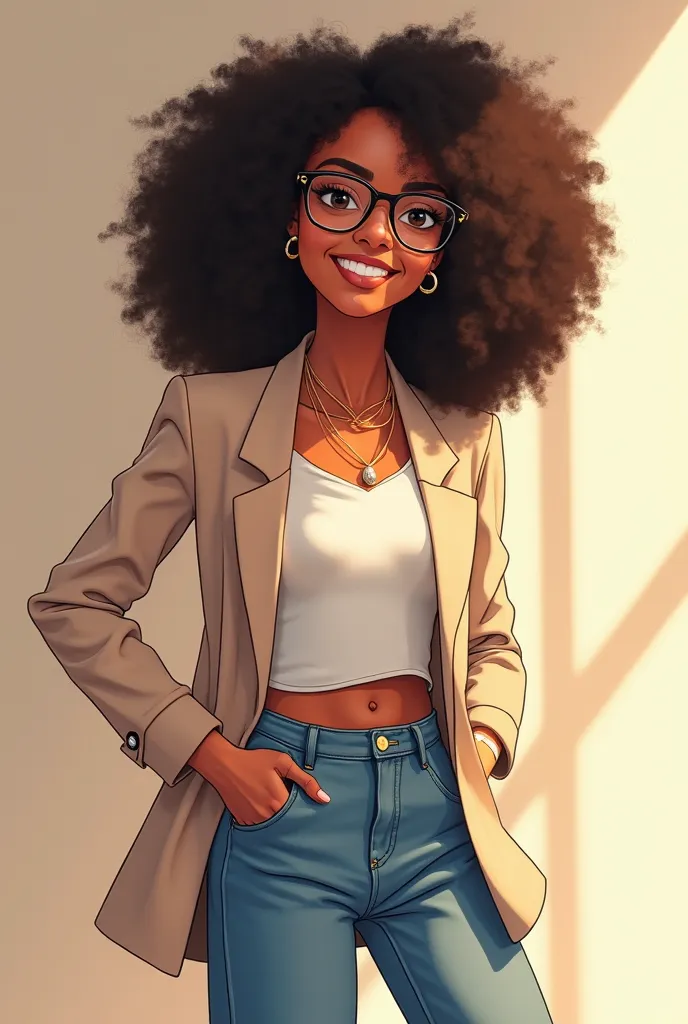 Thaís has a radiant smile that brightens up any environment. Her voluminous and curly hair shapes her face in an imposing way, and her modern glasses complement her stylish vibe. Ela veste um look casual, with wide jeans, a top and a light blazer, showing ...